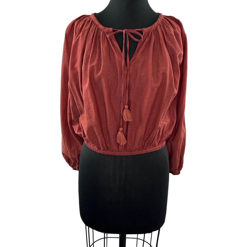 J. CREW Chimney Brown Cotton Blend Puff Sleeve Tassel Tie-Front Crop Top Size S